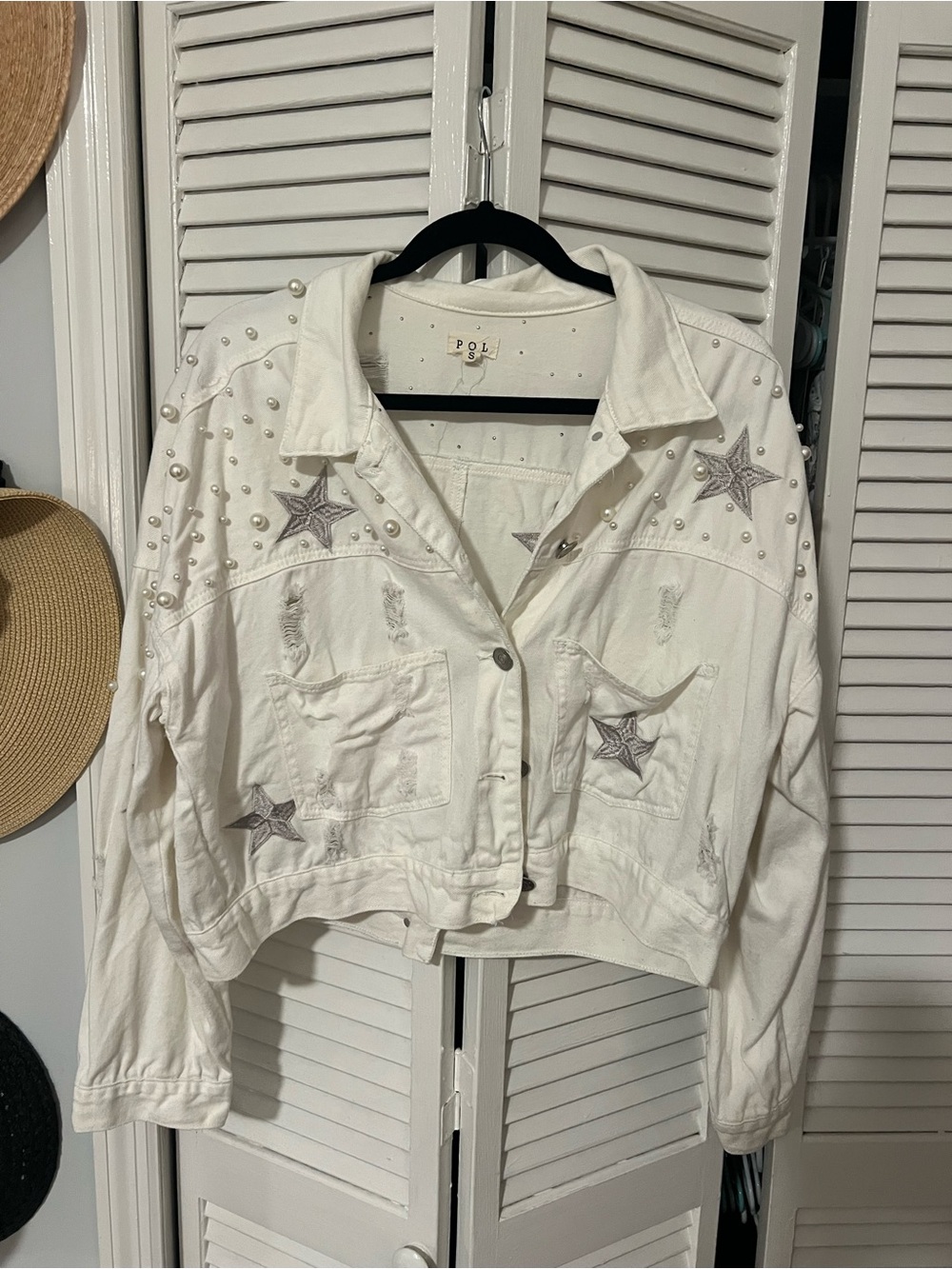 POL White Cropped Denim Jacket with Pearl & Star Embellishments